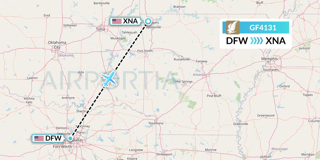 GF4131 Gulf Air Flight Map: Dallas to Bentonville