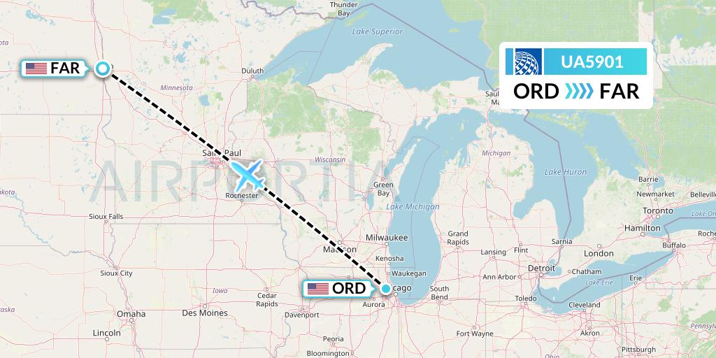 UA5901 United Airlines Flight Map: Chicago to Fargo