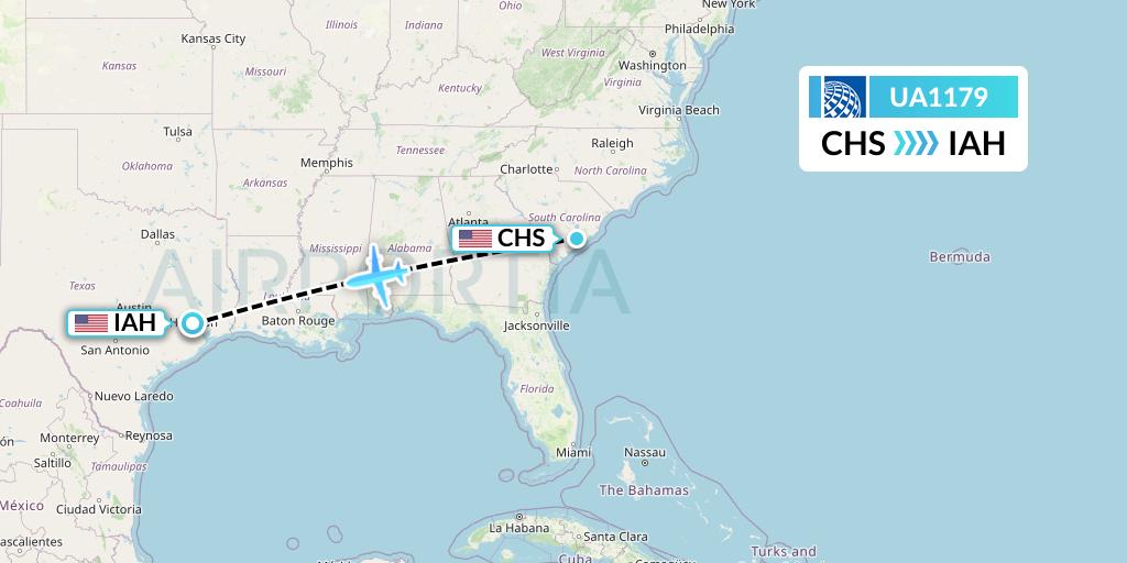 UA1179 United Airlines Flight Map: Charleston to Houston