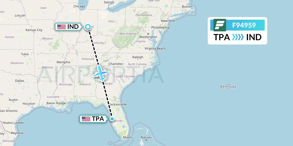 F94959 Frontier Airlines Flight Map: Tampa to Indianapolis