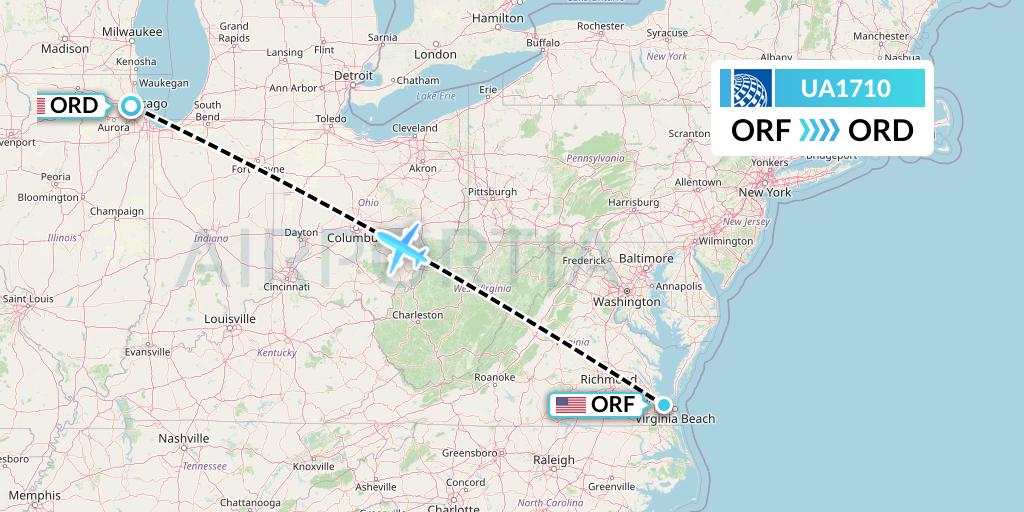 UA1710 United Airlines Flight Map: Norfolk to Chicago