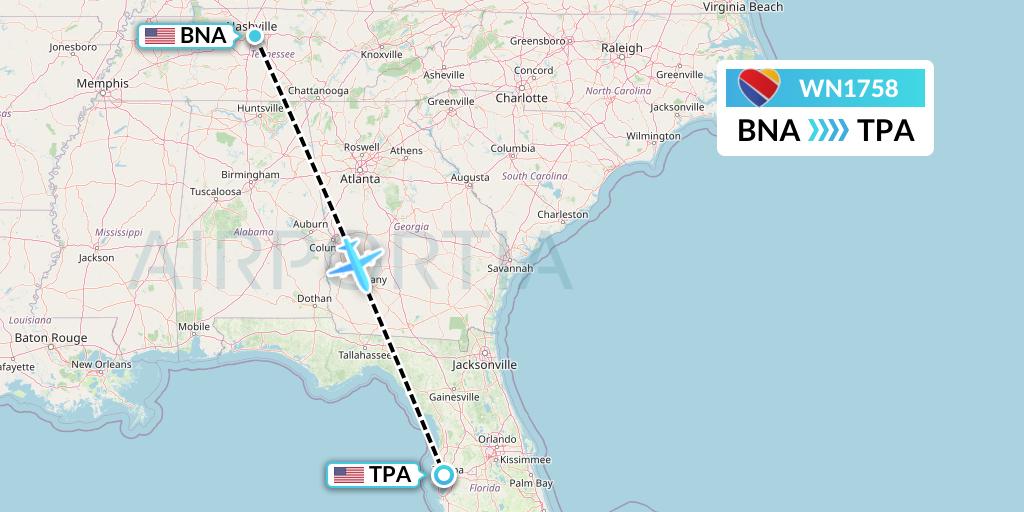 WN1758 Southwest Airlines Flight Map: Nashville to Tampa