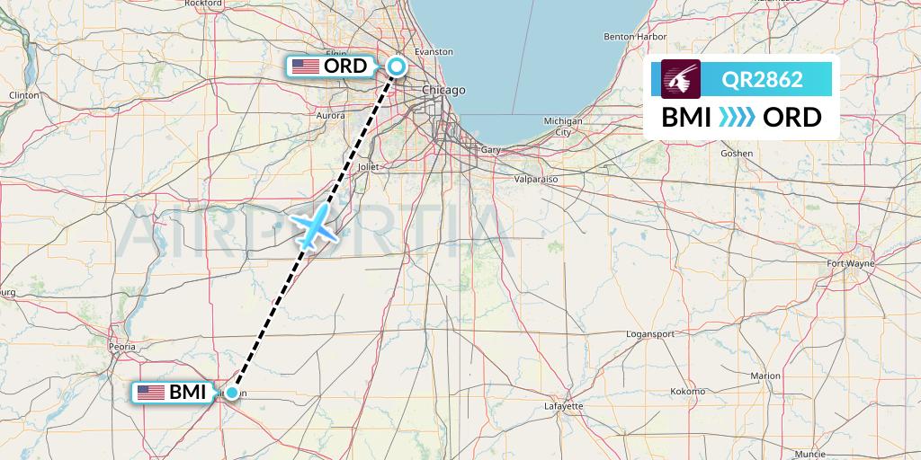 QR2862 Qatar Airways Flight Map: Bloomington to Chicago