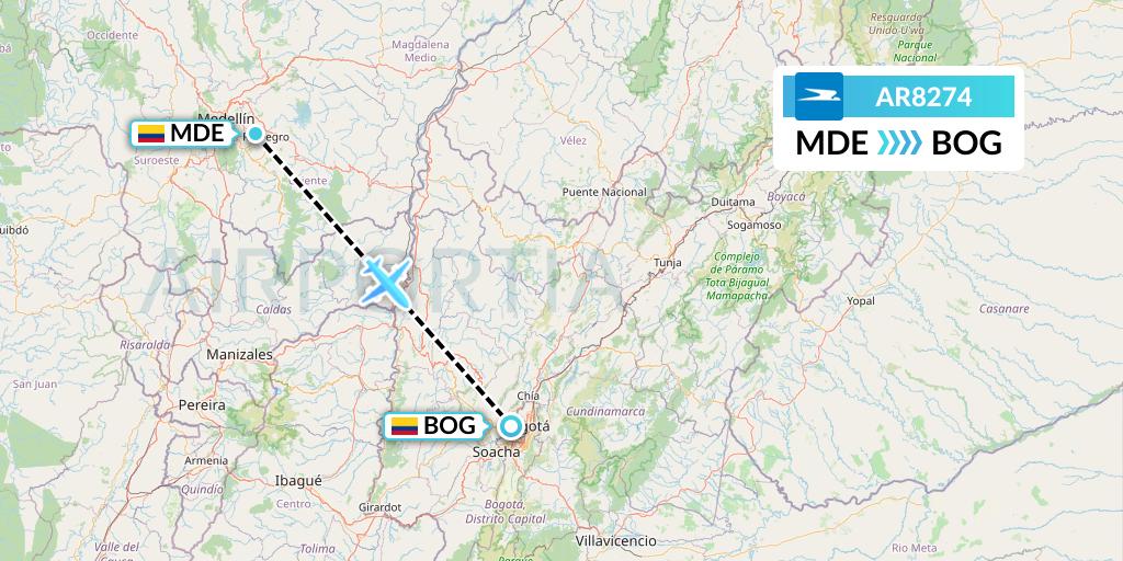 AR8274 Aerolineas Argentinas Flight Map: Medellin to Bogota