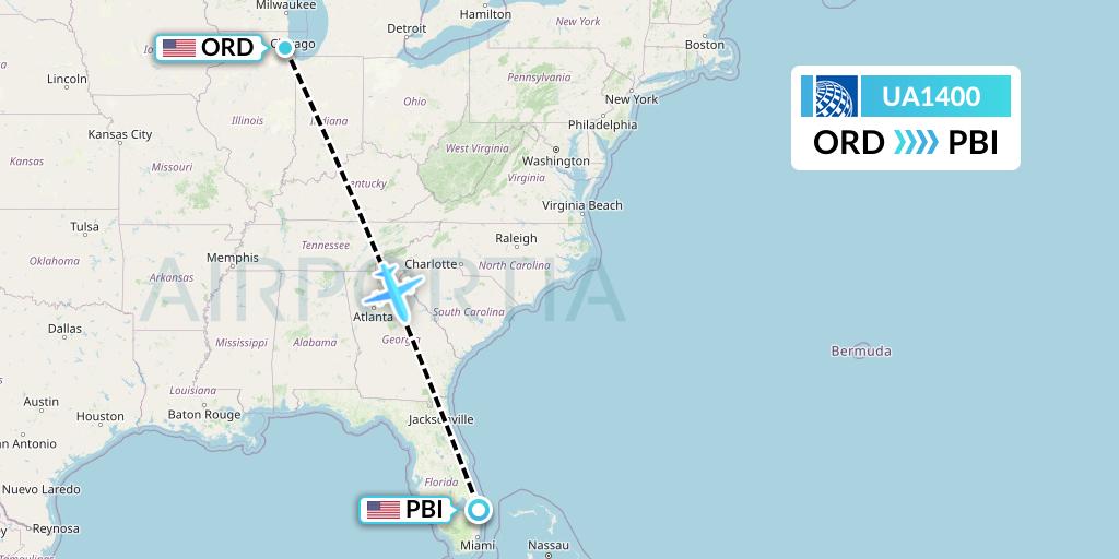 UA1400 United Airlines Flight Map: Chicago to West Palm Beach