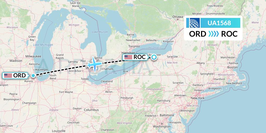 UA1568 United Airlines Flight Map: Chicago to Rochester
