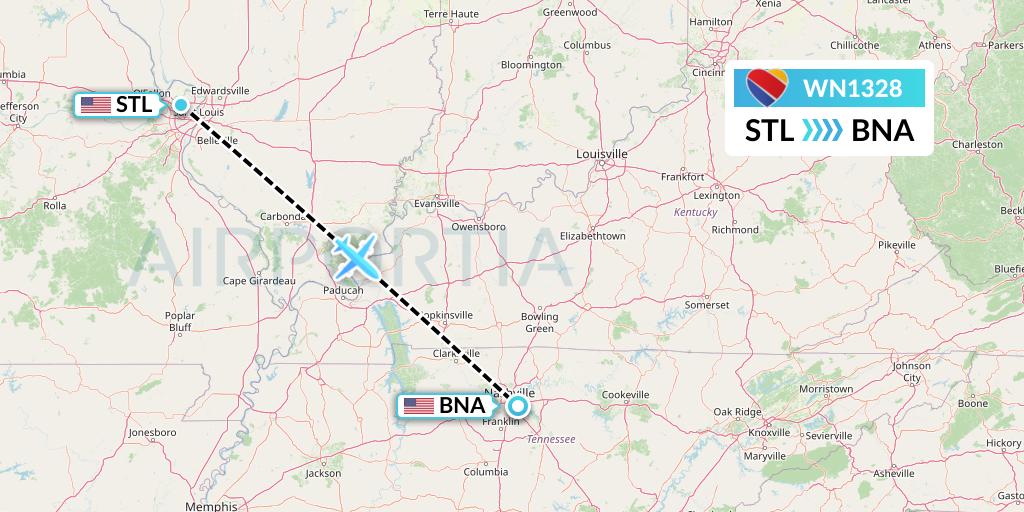 WN1328 Southwest Airlines Flight Map: St. Louis to Nashville
