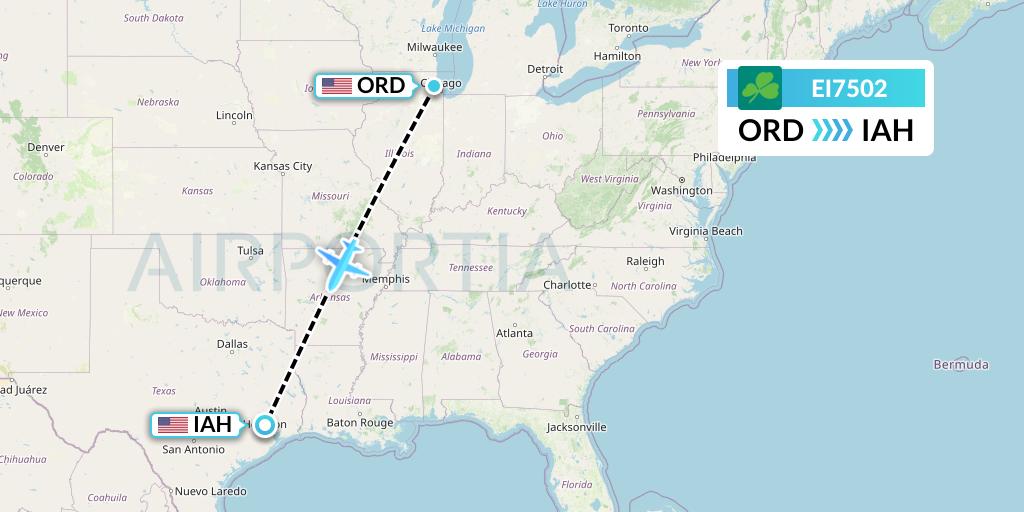 EI7502 Aer Lingus Flight Map: Chicago to Houston