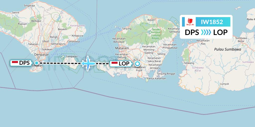 IW1852 Wings Air Flight Map: Denpasar to Lombok