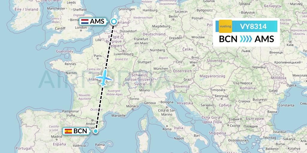 VY8314 Vueling Flight Map: Barcelona to Amsterdam