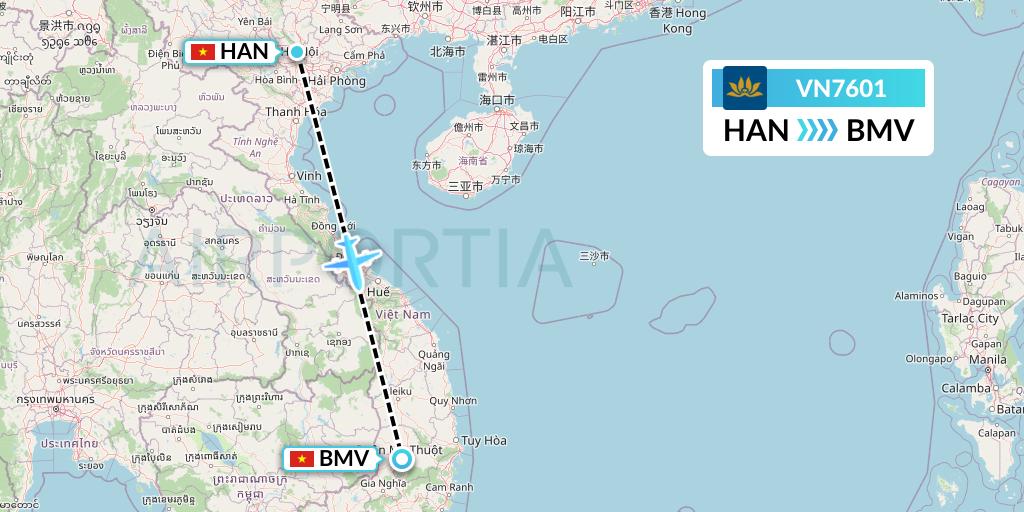 VN7601 Vietnam Airlines Flight Map: Hanoi to Buon Ma Thuot