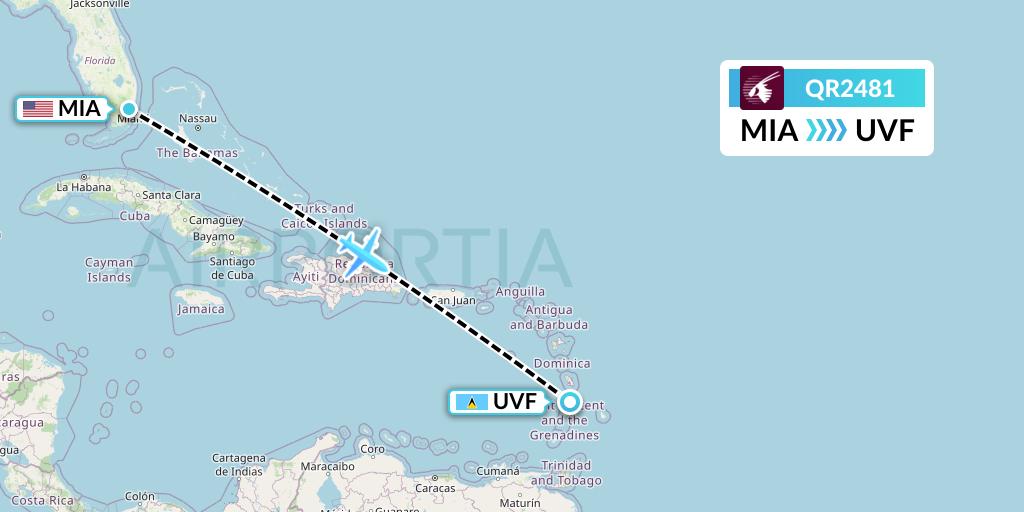 QR2481 Qatar Airways Flight Map: Miami to Vieux Fort