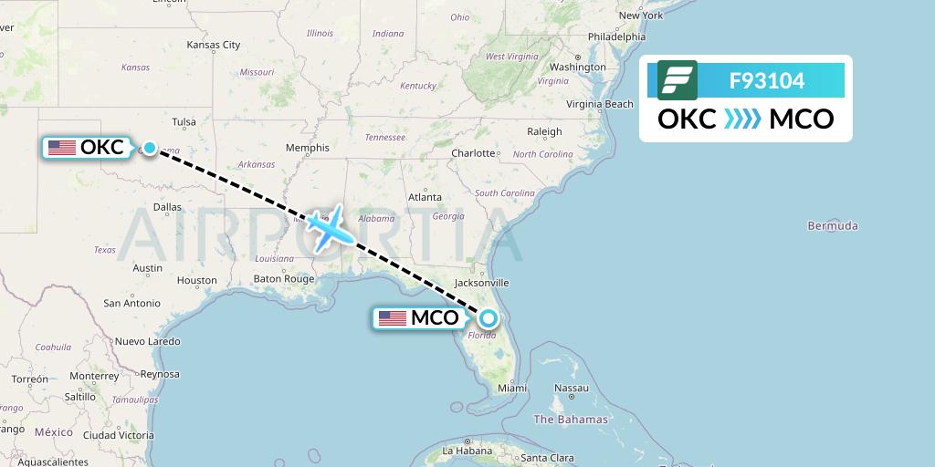 F93104 Frontier Airlines Flight Map: Oklahoma City to Orlando