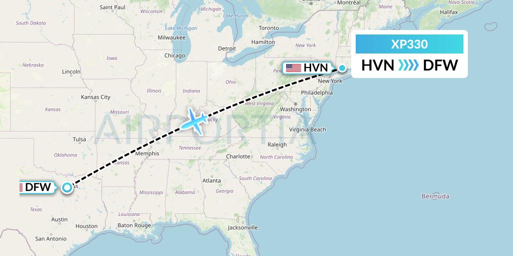XP330 Avelo Airlines Flight Map: New Haven to Dallas