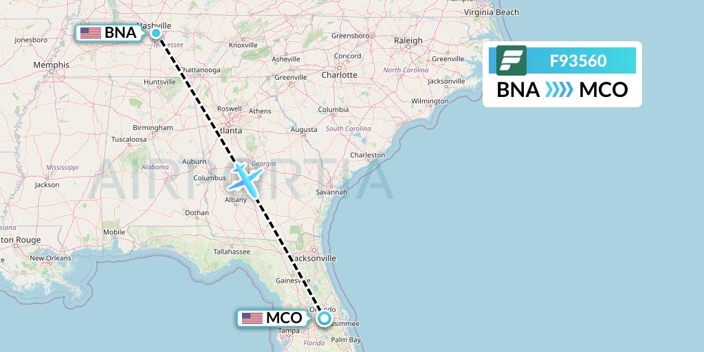 F93560 Frontier Airlines Flight Map: Nashville to Orlando