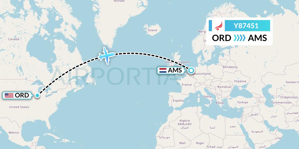 Y87451 Yangtze River Express Flight Map: Chicago to Amsterdam