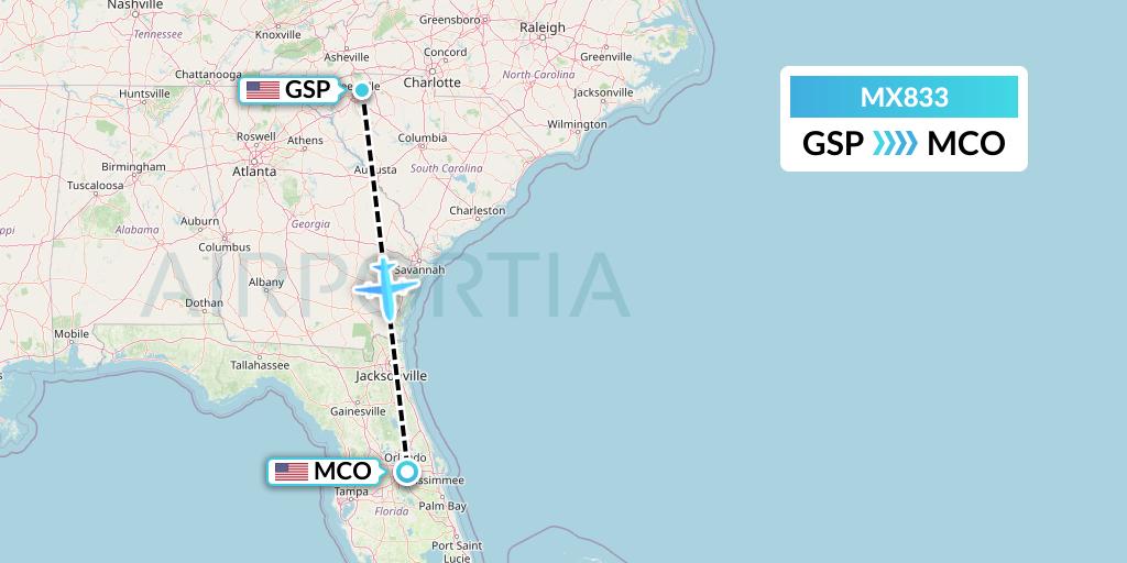 MX833 Breeze Airways Flight Map: Greenville-Spartanburg to Orlando