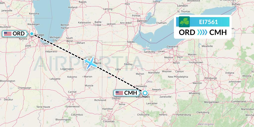 EI7561 Aer Lingus Flight Map: Chicago to Columbus