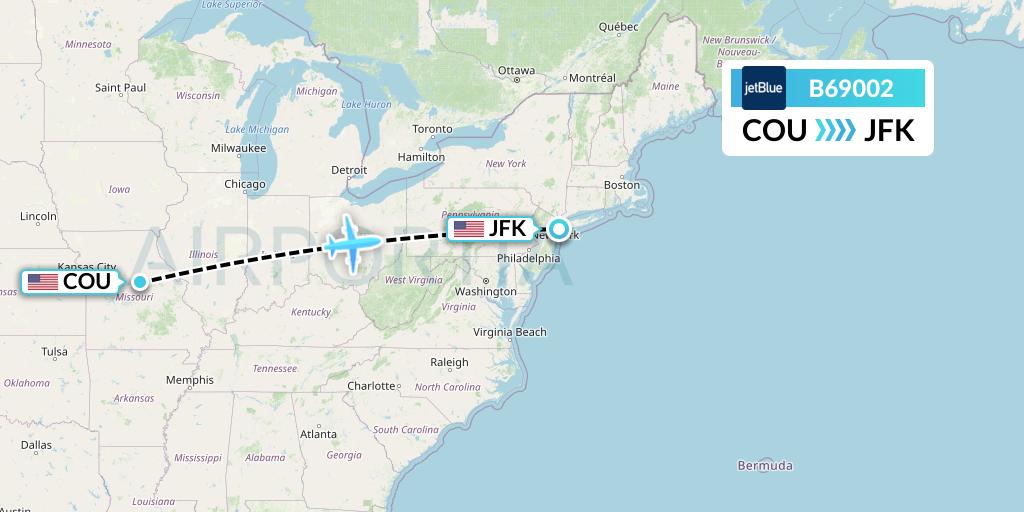 B69002 JetBlue Airways Flight Map: Columbia to New York