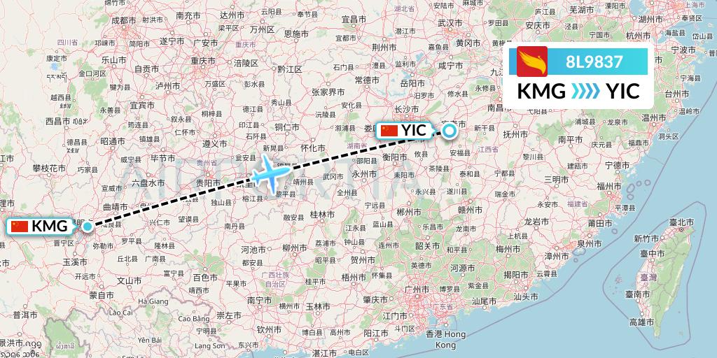 8L9837 Lucky Air Flight Map: Kunming to Yichun