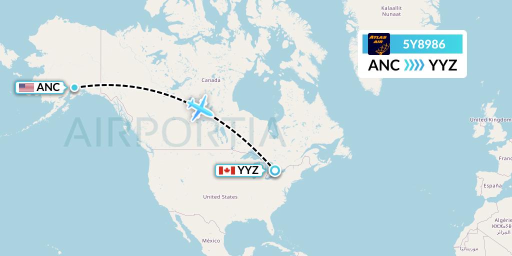 5Y8986 Atlas Air Flight Map: Anchorage to Toronto