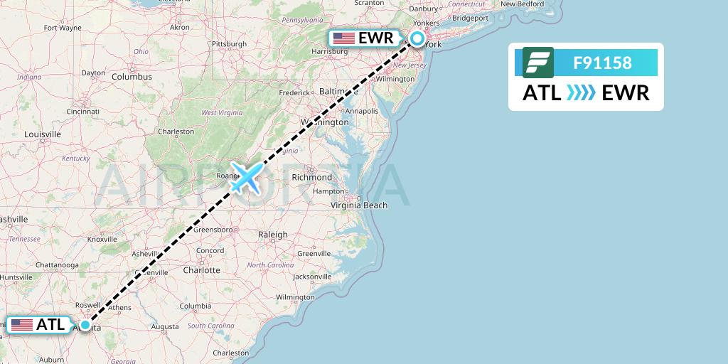 F91158 Frontier Airlines Flight Map: Atlanta to New York