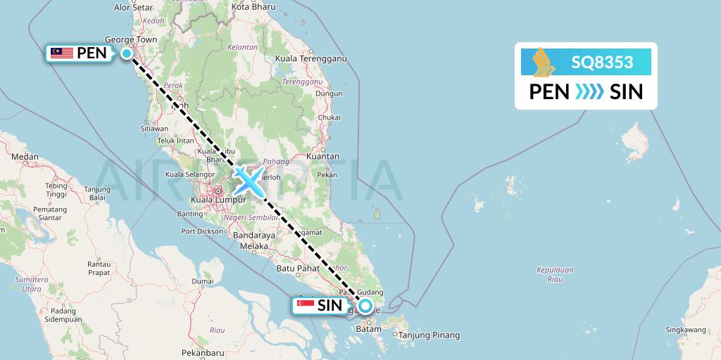 SQ8353 Singapore Airlines Flight Map: Penang to Singapore
