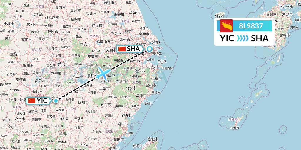 8L9837 Lucky Air Flight Map: Yichun to Shanghai