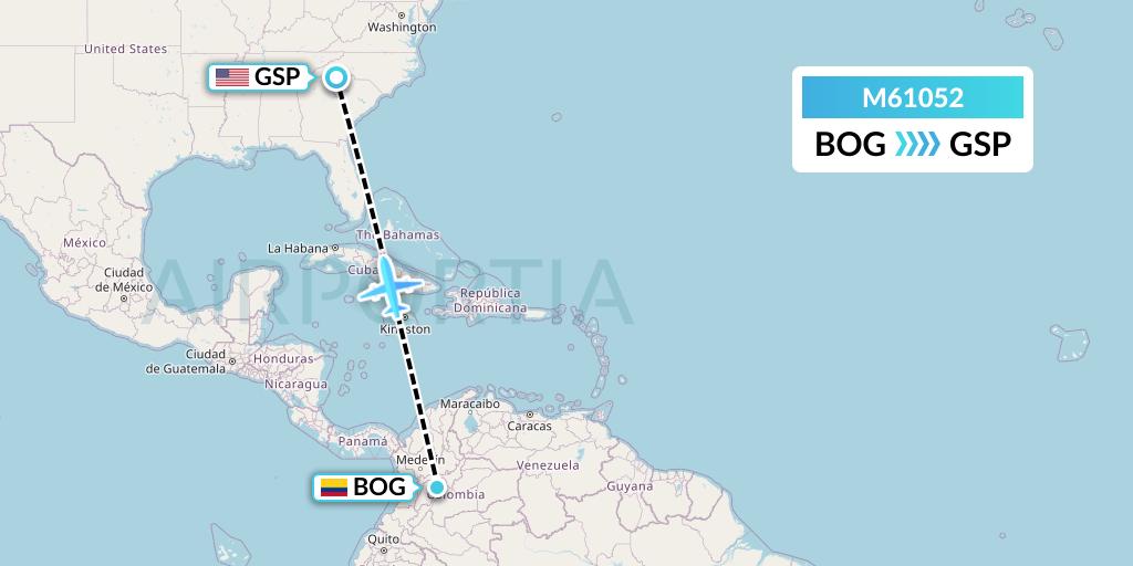 M61052 Amerijet International Flight Map: Bogota to Greenville-Spartanburg