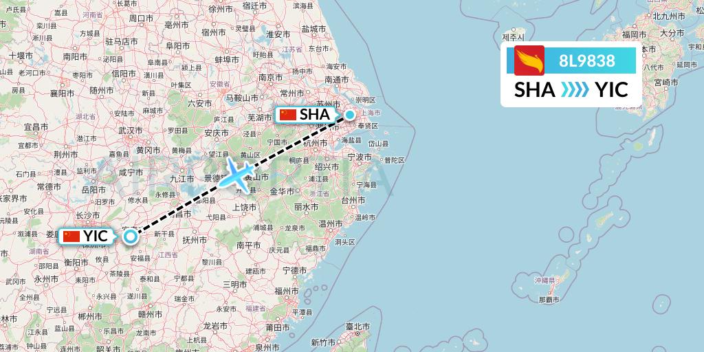 8L9838 Lucky Air Flight Map: Shanghai to Yichun