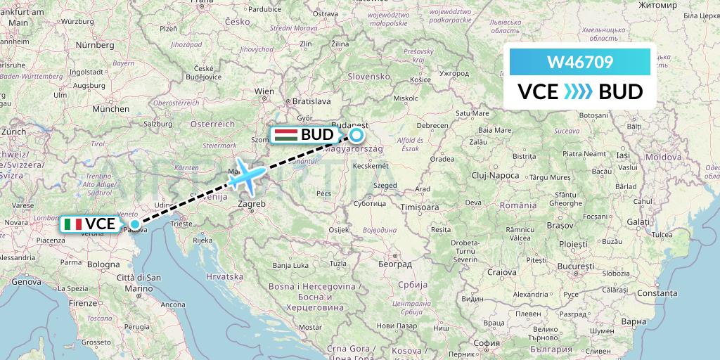 W46709 Wizz Air Malta Flight Map: Venice to Budapest