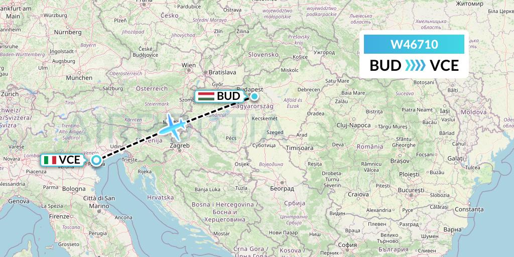 W46710 Wizz Air Malta Flight Map: Budapest to Venice