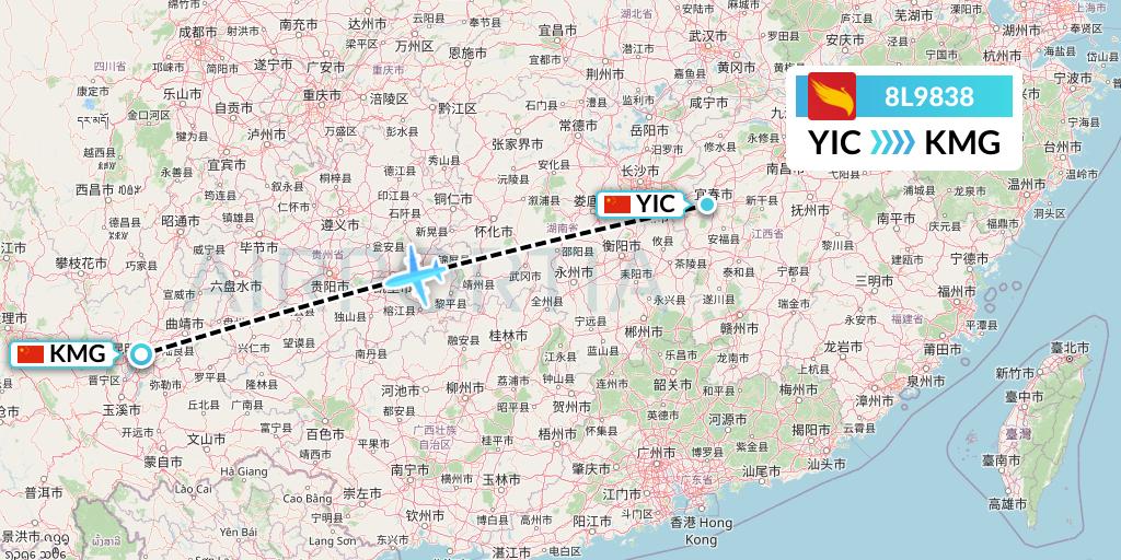 8L9838 Lucky Air Flight Map: Yichun to Kunming