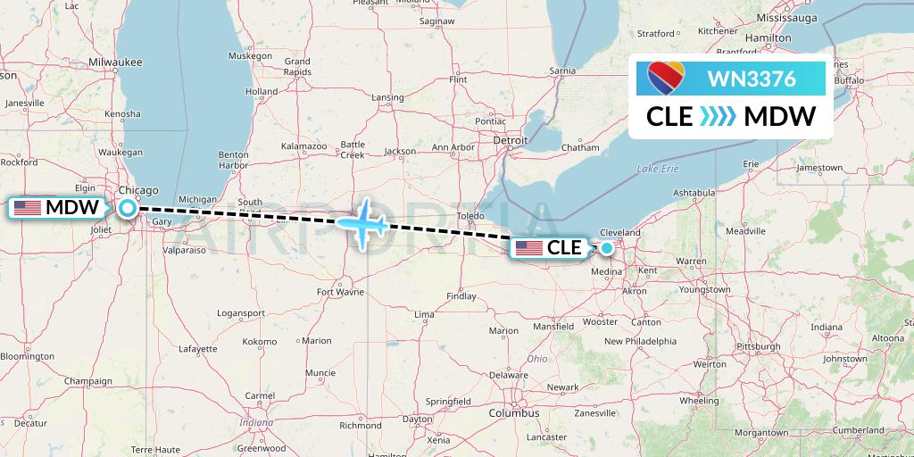 WN3376 Southwest Airlines Flight Map: Cleveland to Chicago