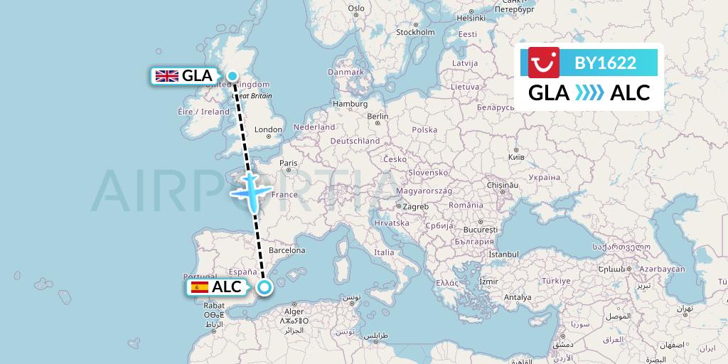 BY1622 TUI Airways Flight Map: Glasgow to Alicante