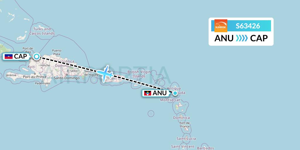 S63426 Sunrise Airways Flight Map: Antigua to Cap-Haitien