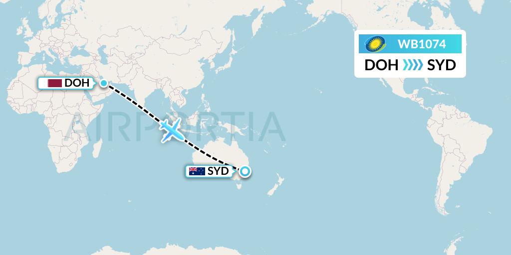 WB1074 RwandAir Flight Map: Doha to Sydney