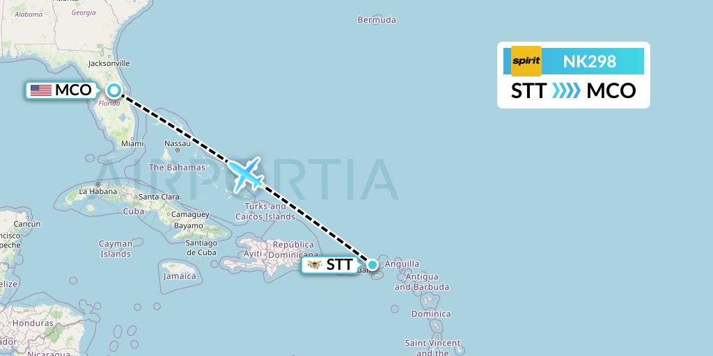 NK298 Spirit Airlines Flight Map: St. Thomas to Orlando