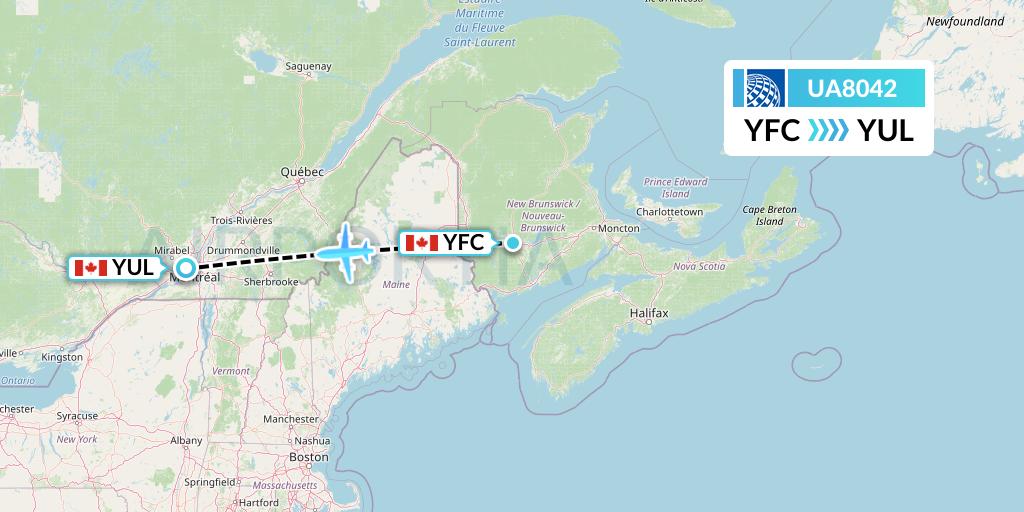 UA8042 United Airlines Flight Map: Fredericton to Montreal