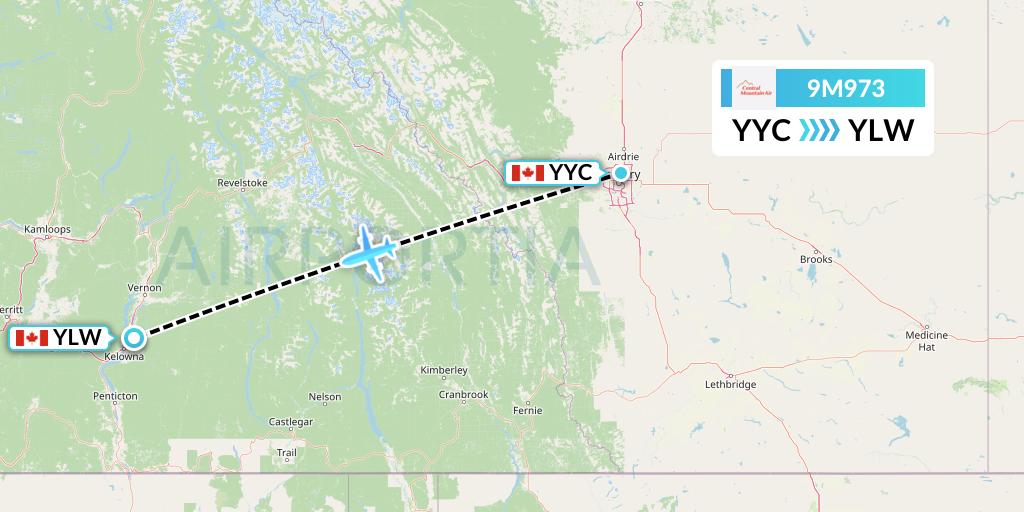 9M973 Central Mountain Air Flight Map: Calgary to Kelowna