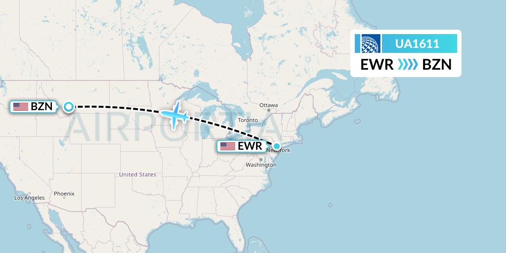 UA1611 United Airlines Flight Map: New York to Bozeman
