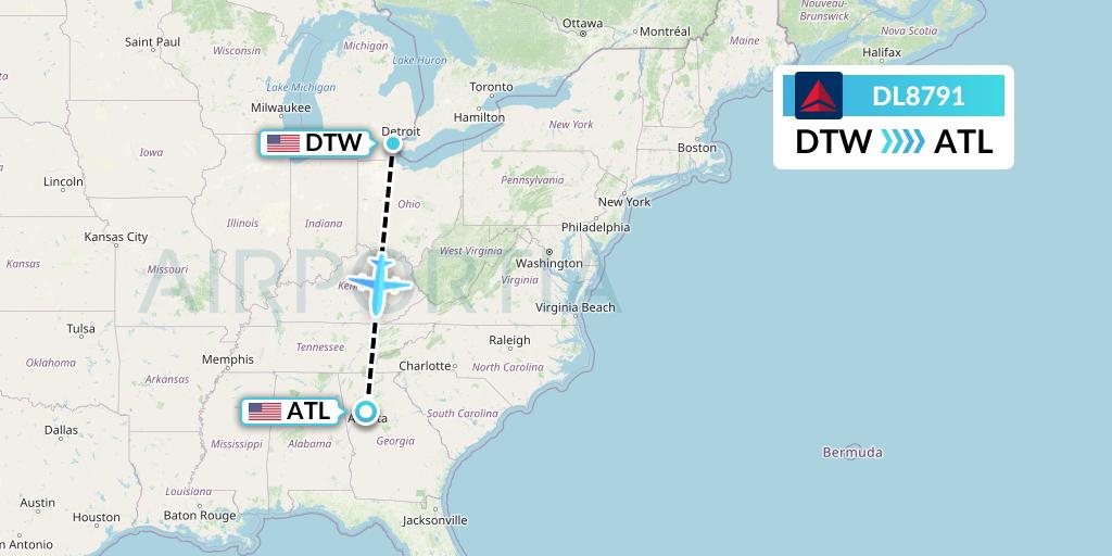 DL8791 Delta Air Lines Flight Map: Detroit to Atlanta