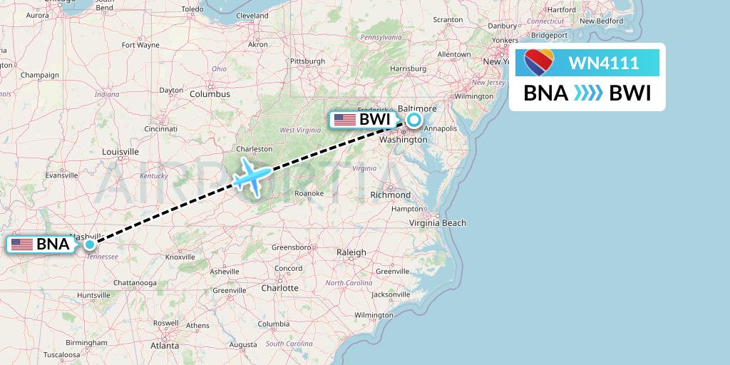 WN4111 Southwest Airlines Flight Map: Nashville to Baltimore