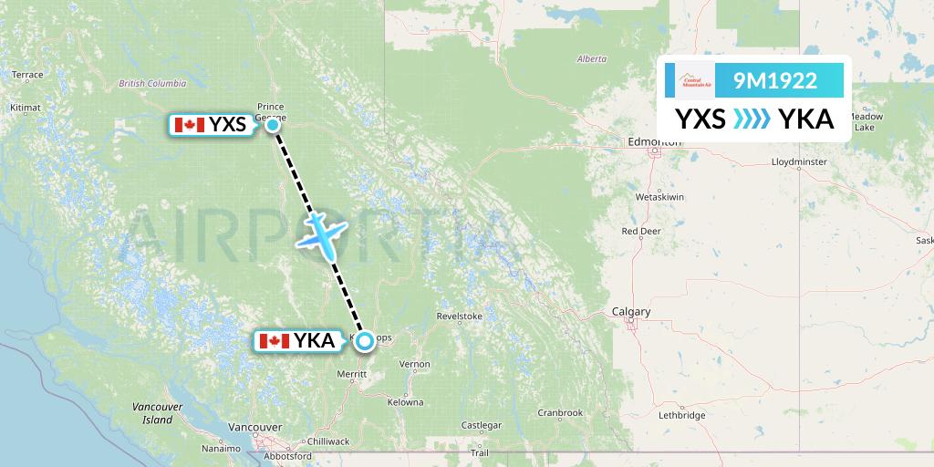 9M1922 Central Mountain Air Flight Map: Prince George to Kamloops