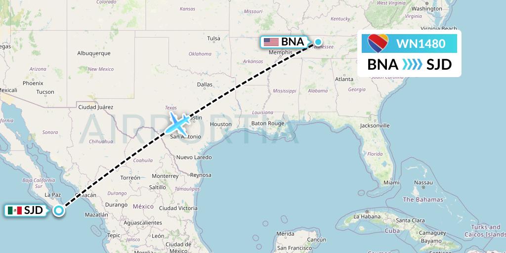 WN1480 Southwest Airlines Flight Map: Nashville to San Jose del Cabo