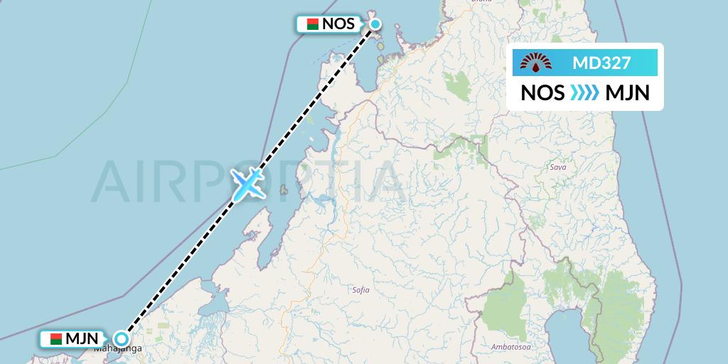 MD327 Air Madagascar Flight Map: Nosy Be to Madagascar