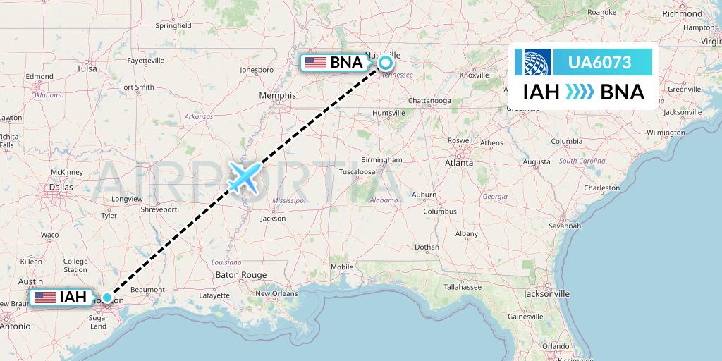 UA6073 United Airlines Flight Map: Houston to Nashville