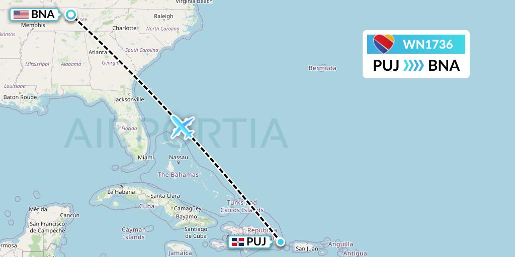 WN1736 Southwest Airlines Flight Map: Punta Cana to Nashville
