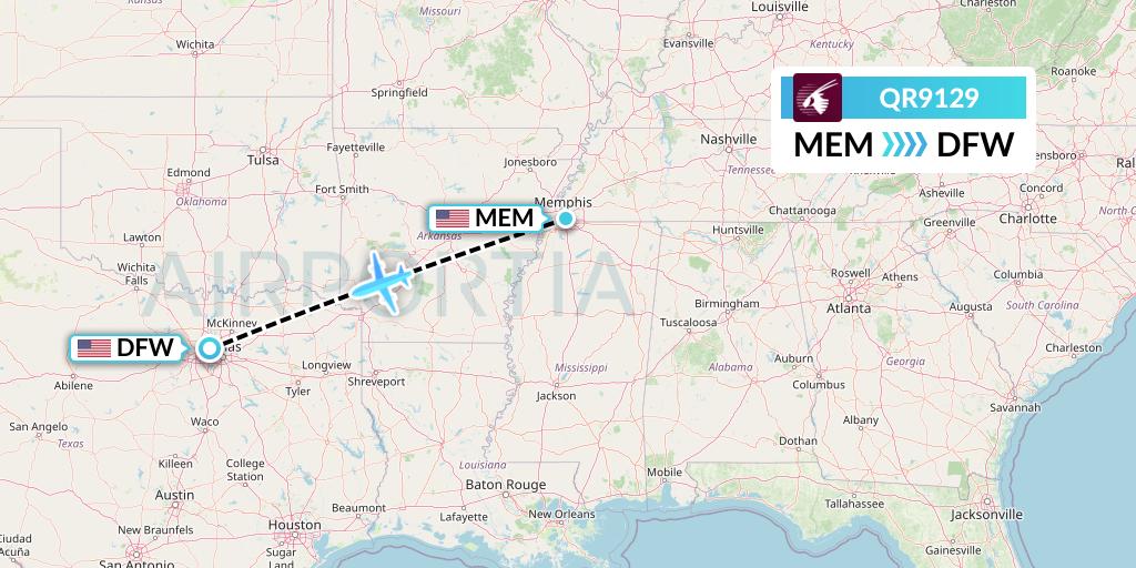 QR9129 Qatar Airways Flight Map: Memphis to Dallas