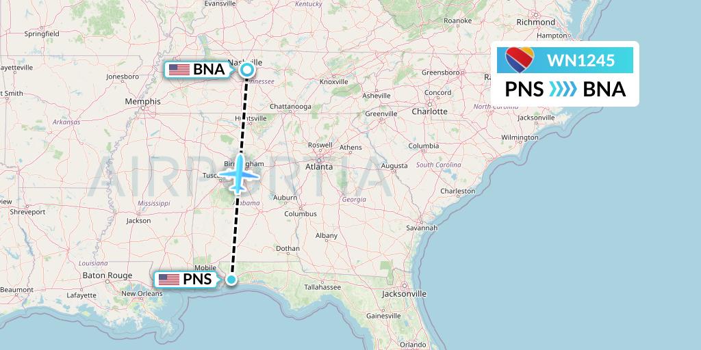 WN1245 Southwest Airlines Flight Map: Pensacola to Nashville